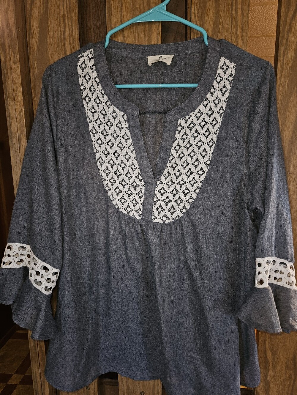 Ember Sz XL Embellished Chambray Tunic with Bib Collar, Flounce Sleeves